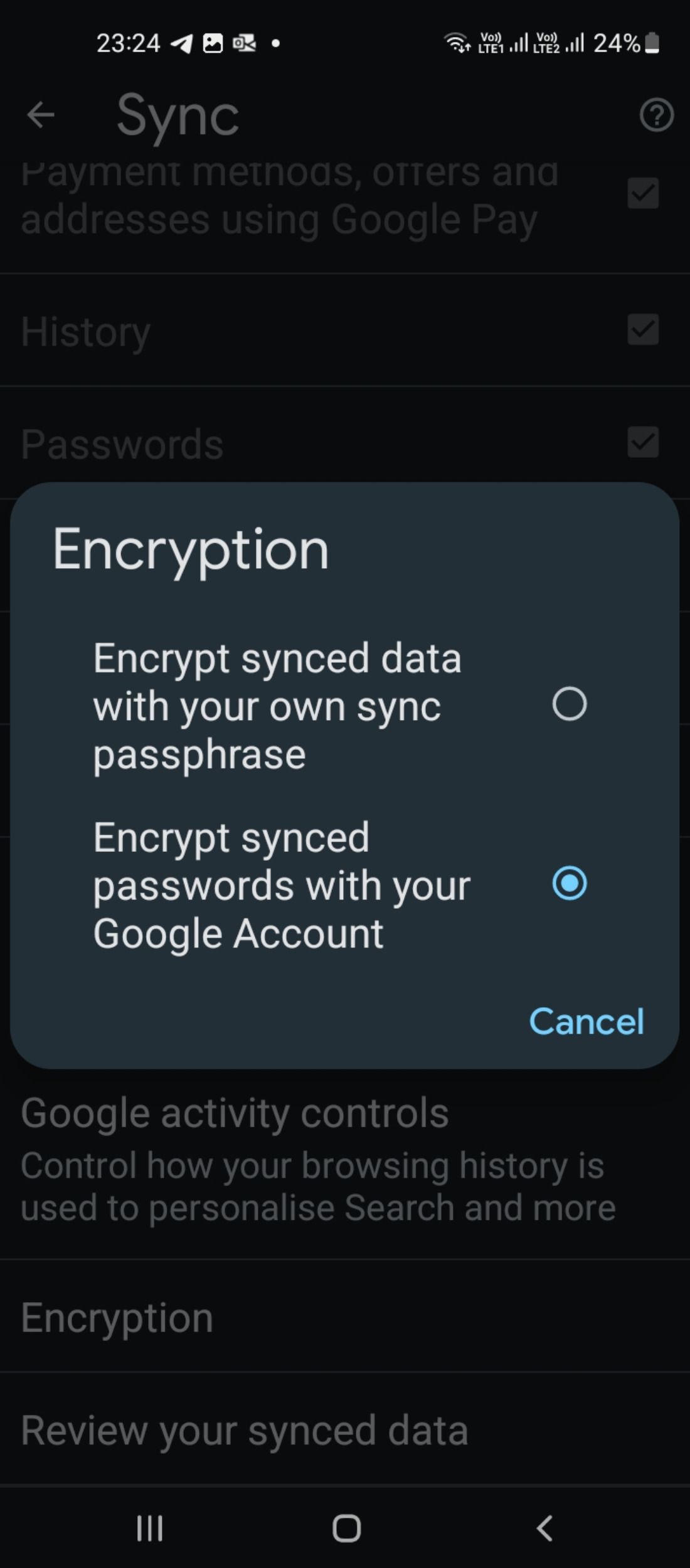 Passphrase settings in Google Password Manager