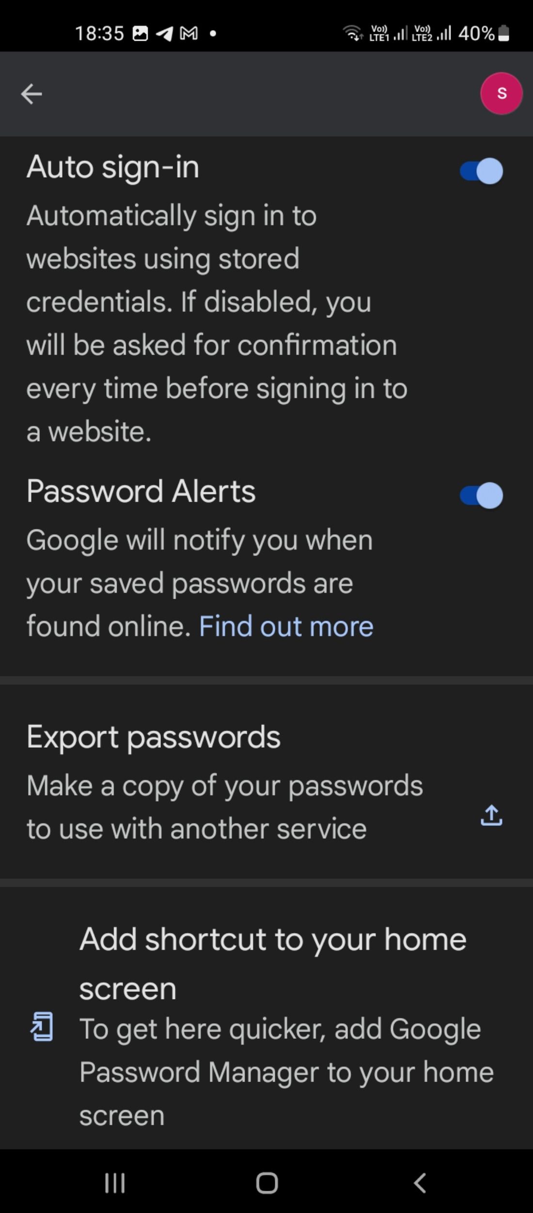 Google Password Manager settings 