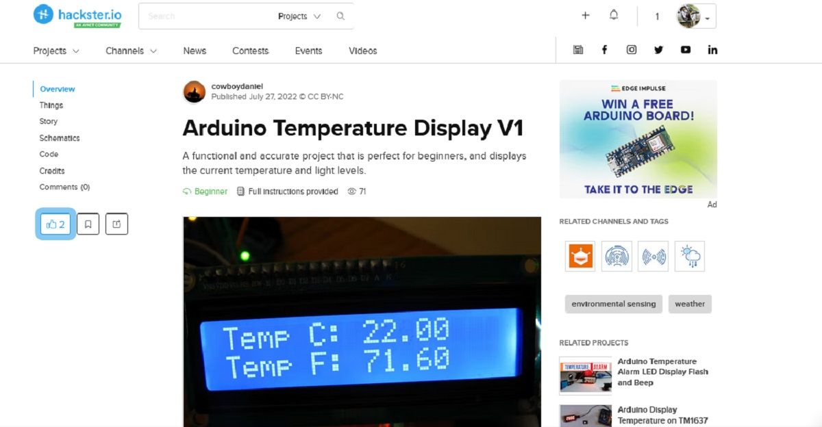 A screengrab of Arduino temperature display V1 project page