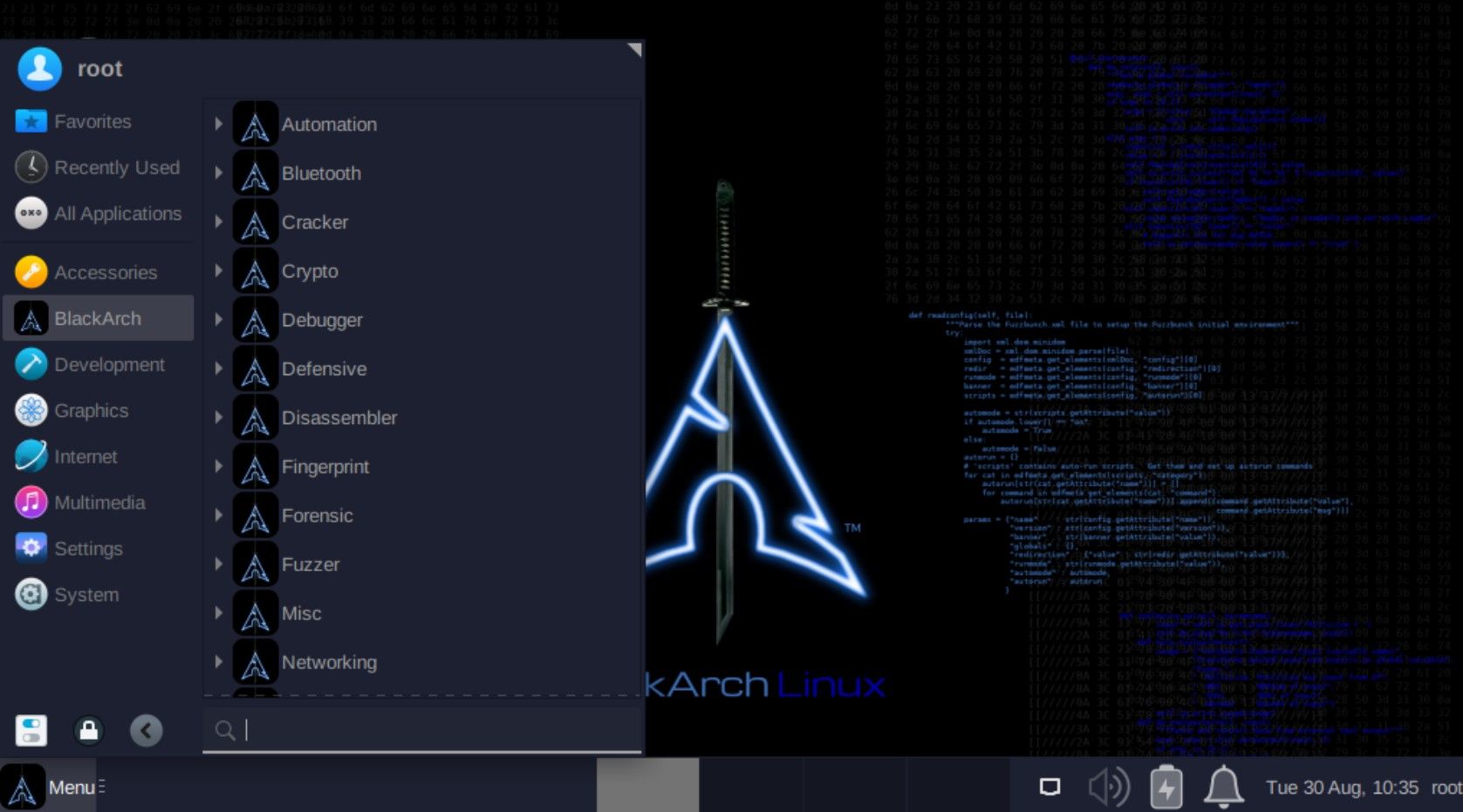 Application menu bar on BlackArch Linux desktop