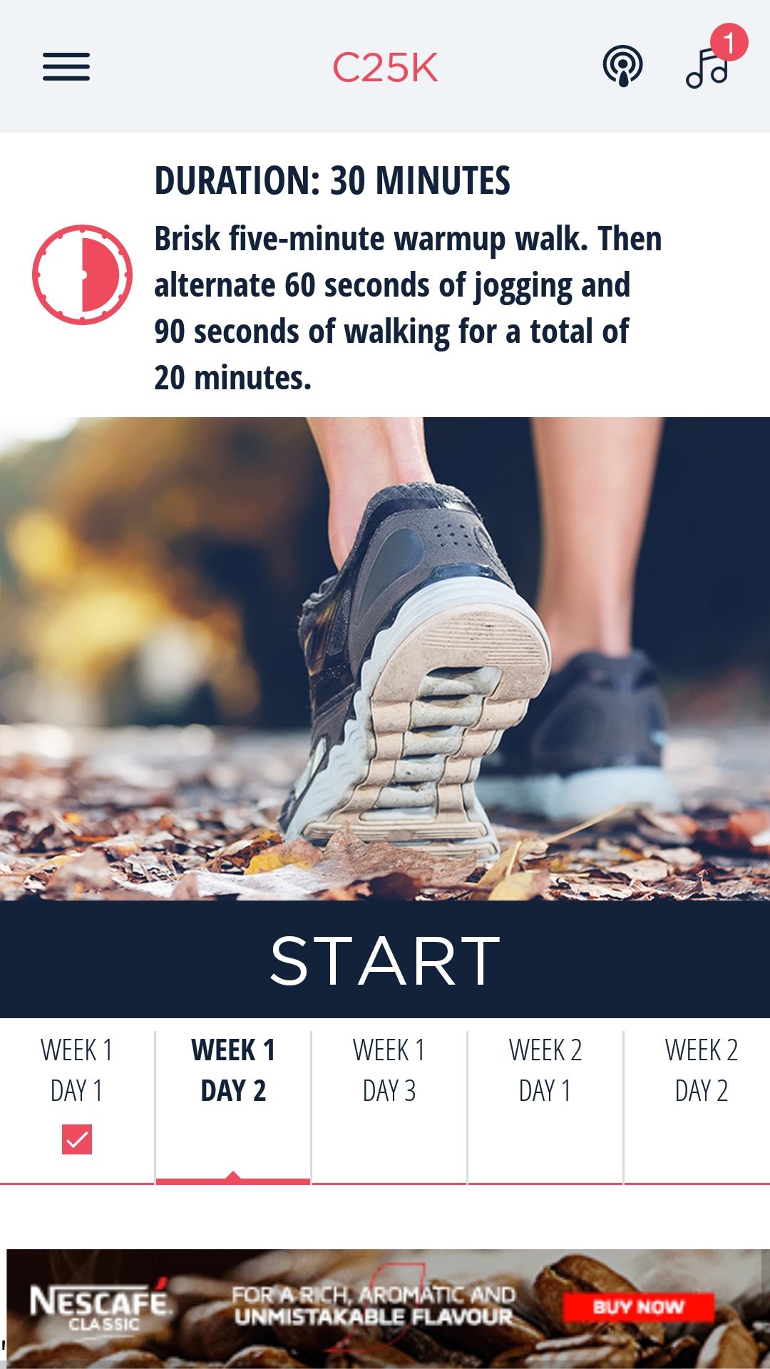 C25K mobile couch to 5K training app week 1