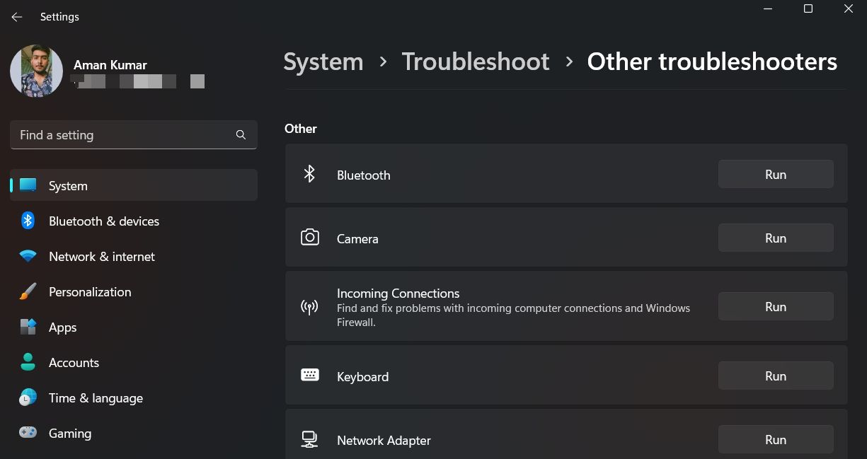 Run button next to Camera troubleshooter
