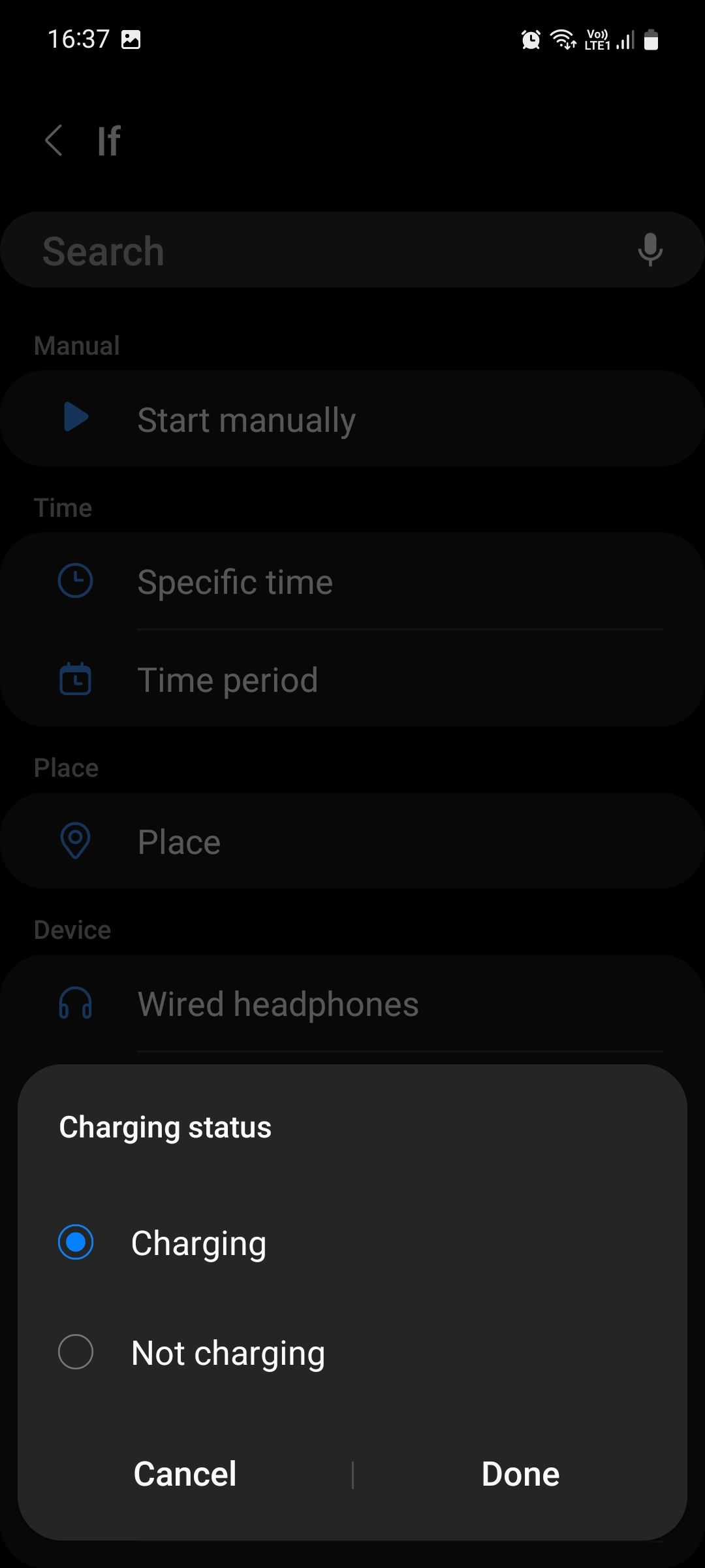 پنجره وضعیت شارژ در پانل Bixby Routines If