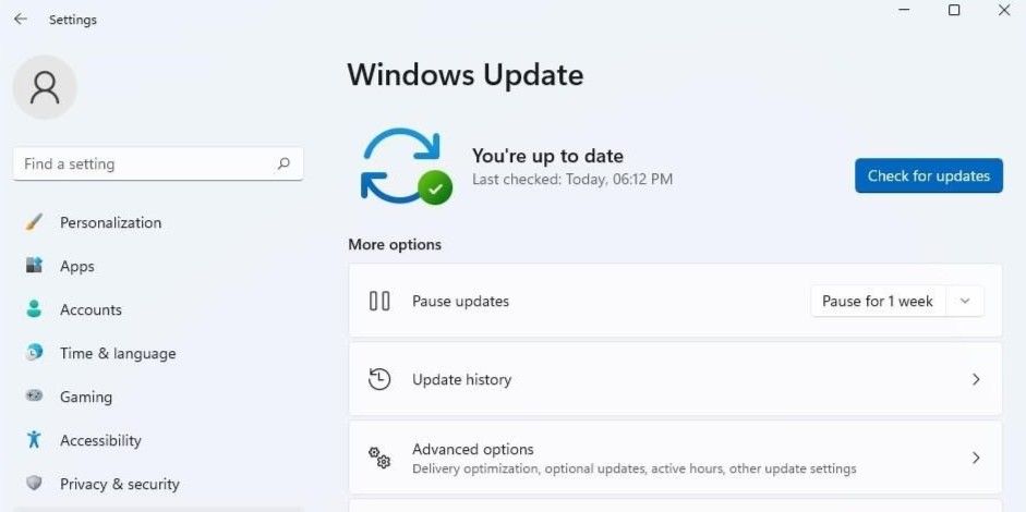 Pestaña de actualización de Windows en la aplicación Configuración