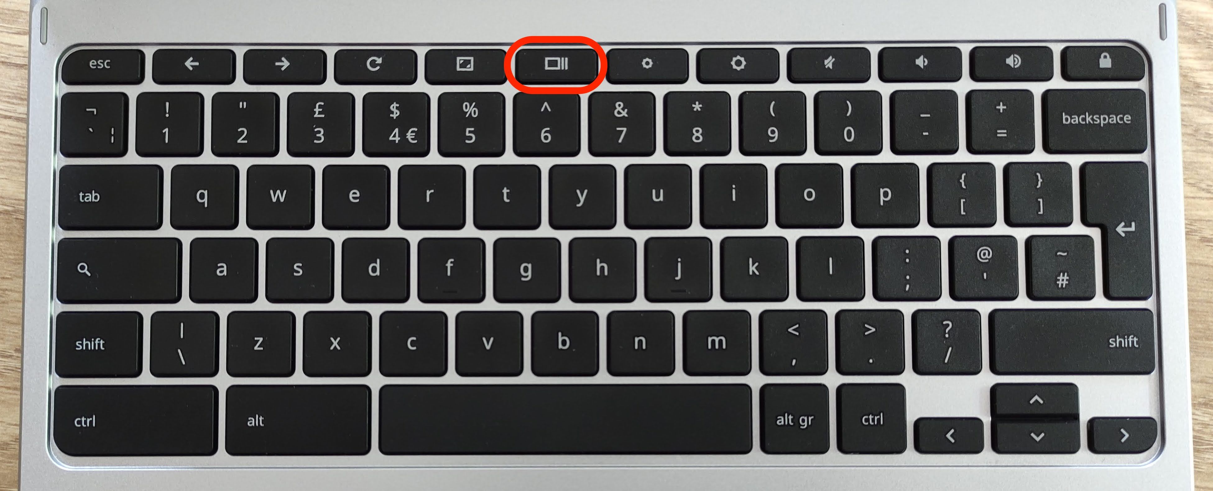 Chromebook keyboard with Show All Windows Key highlighted
