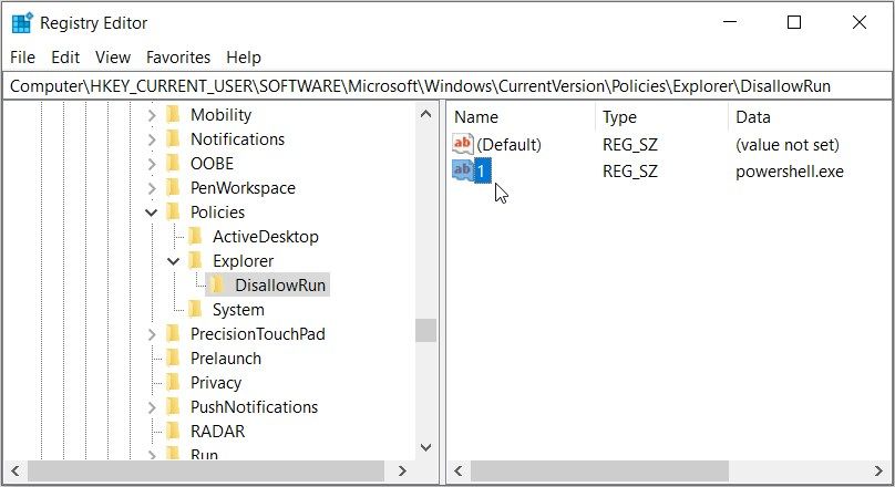 Clicking a PowerShell value named “1” in the Registry Editor