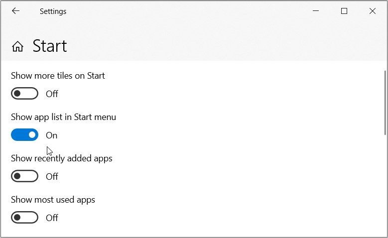 Clicking the “Show app list in Start menu” button