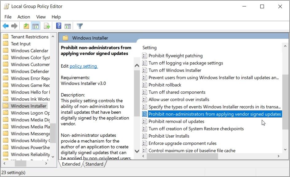 Configuring Windows Installer Settings in the Local Group Policy Editor