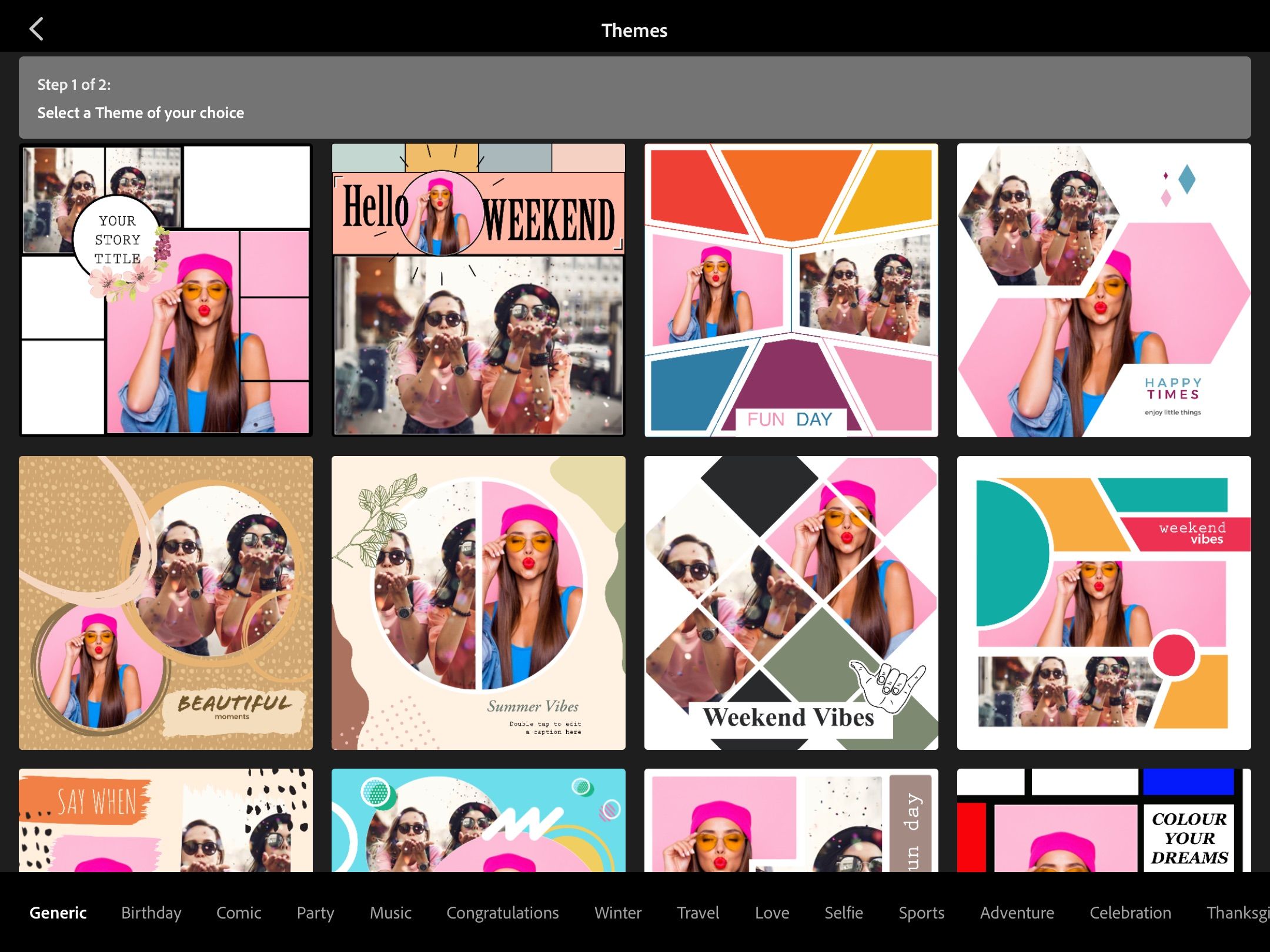 Screenshot showing collage theme options in PS Express