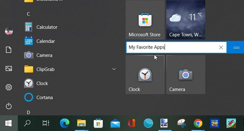Creating a new group in the Start menu tile section