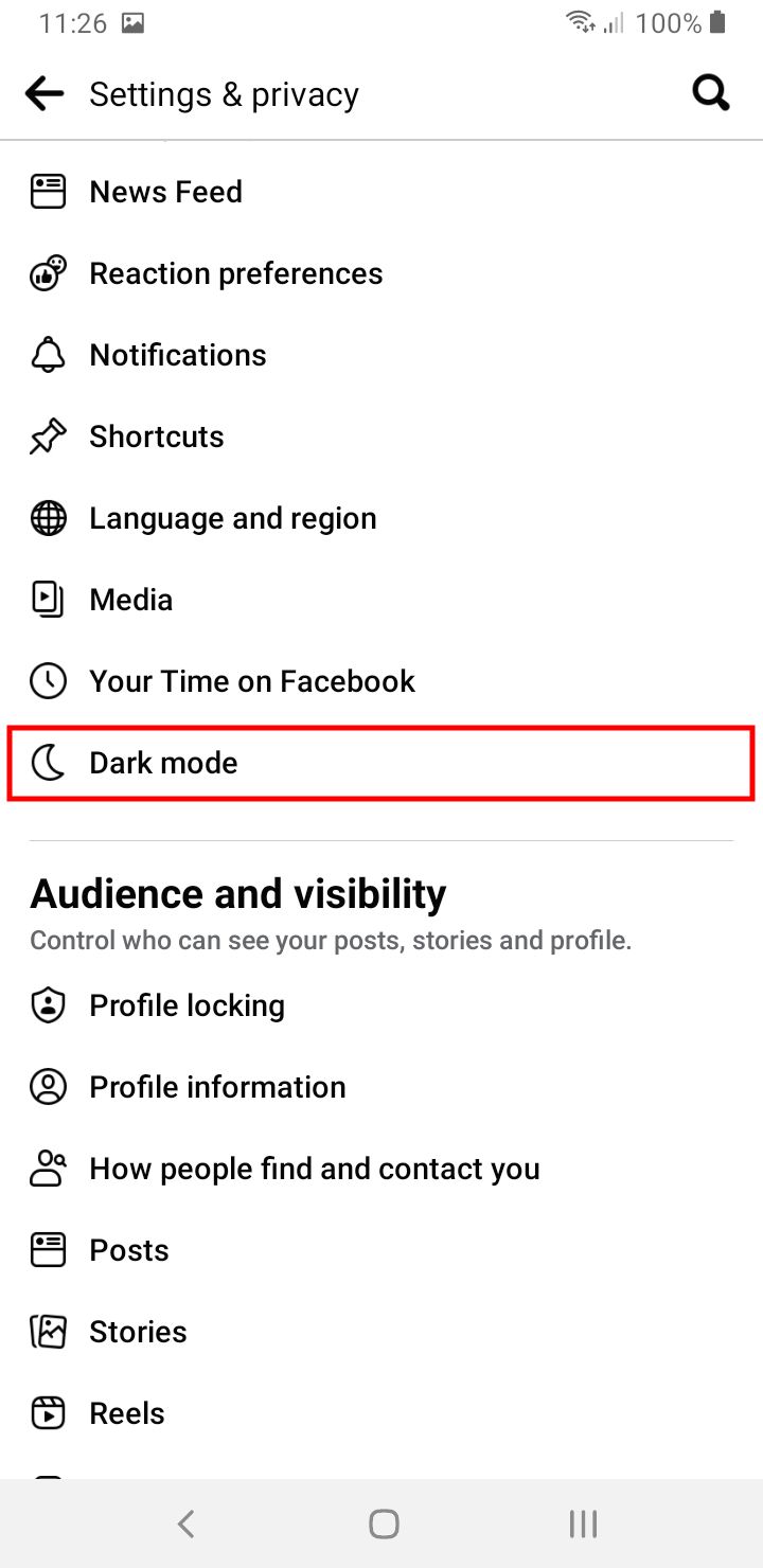 Dark Mode Option Highlighted in the Facebook App Settings