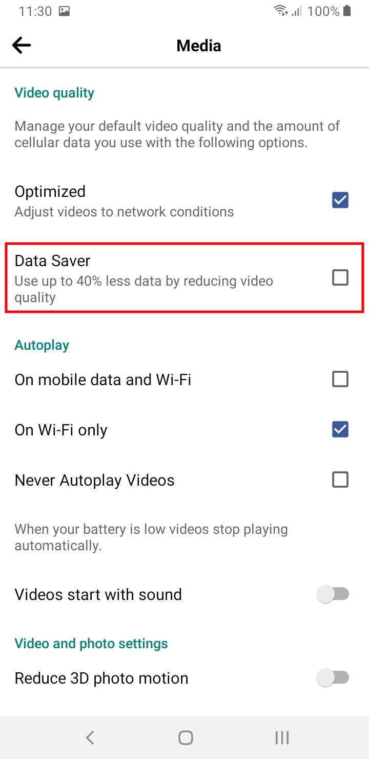 Data Saver Setting Highlighted in the Facebook App