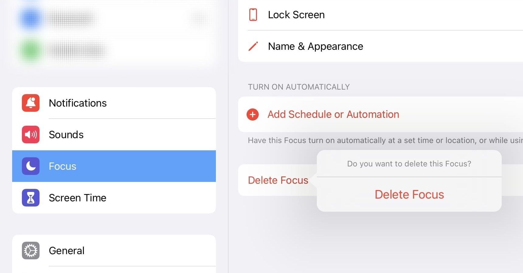 Screenshot on ipad. Settings showing how to delete an iPad focus mode 