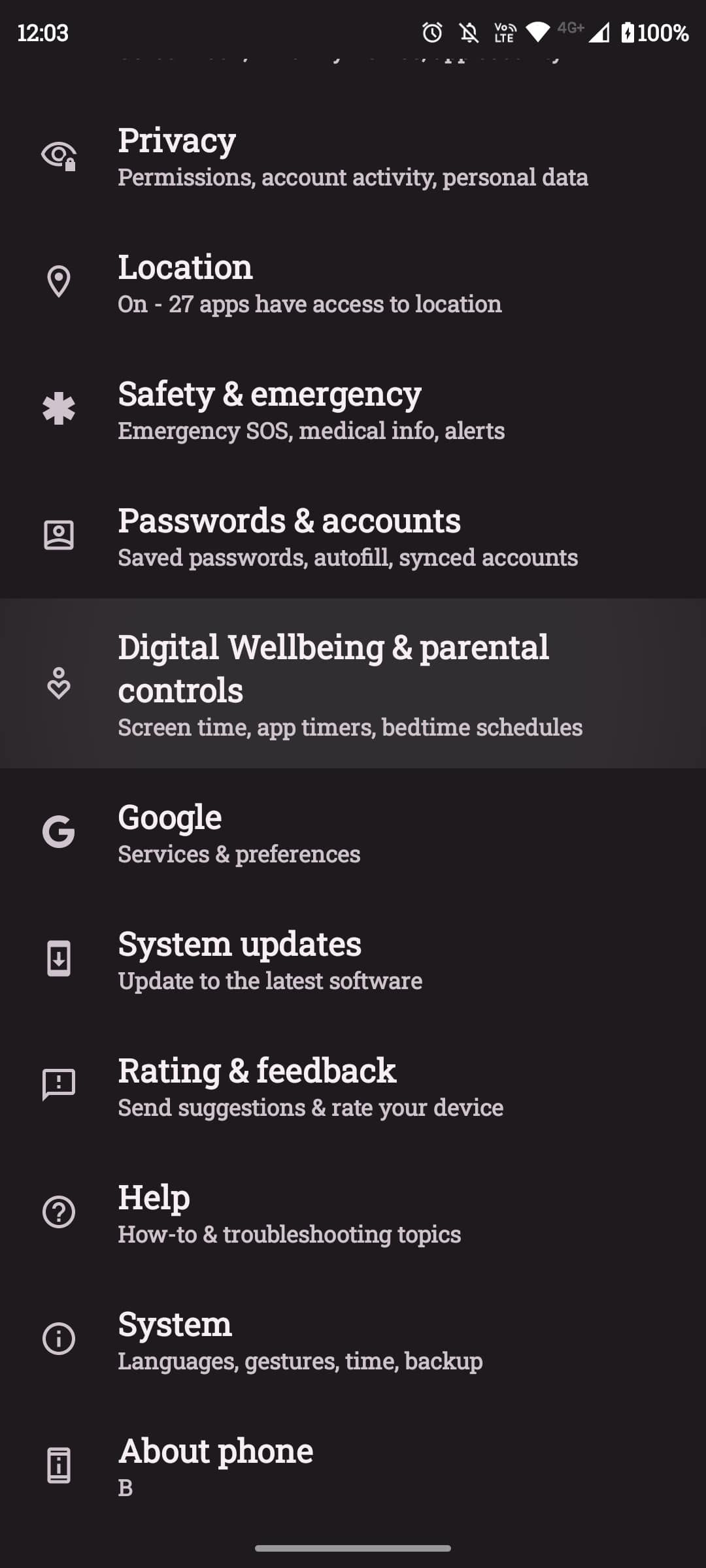 List of settings with Digital Wellbeing highlighted