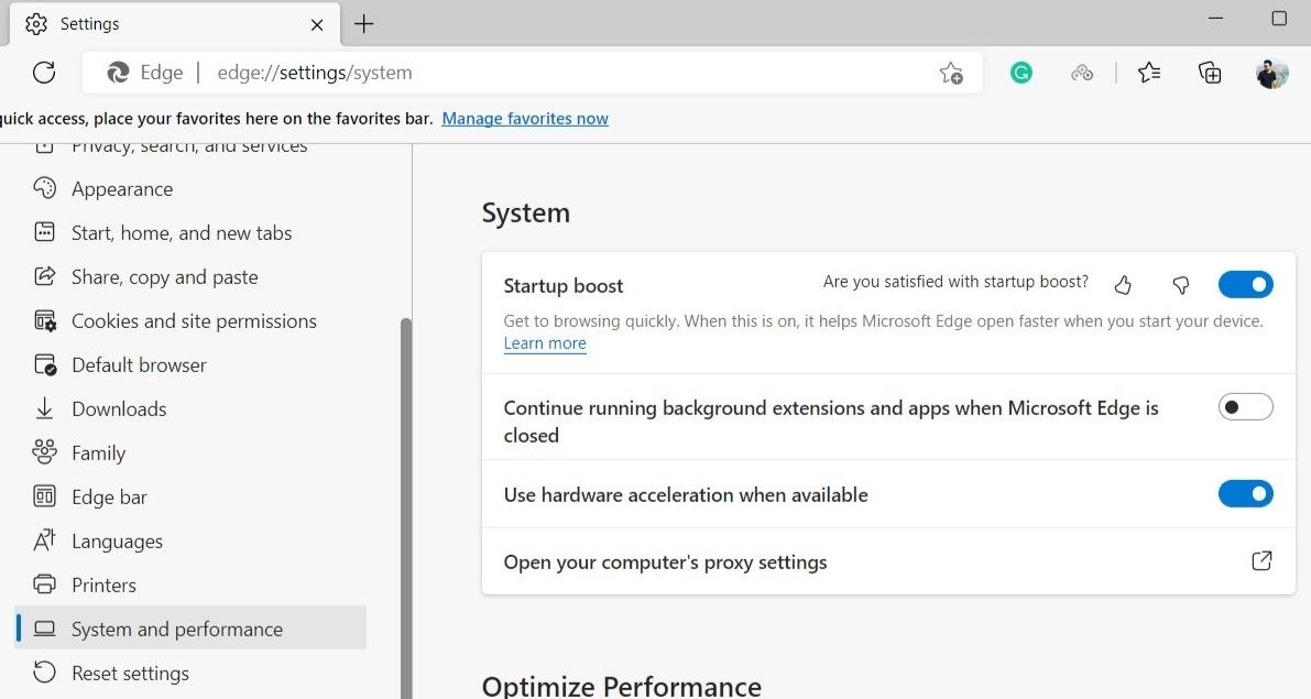 System and Performance settings in Microsoft Edge