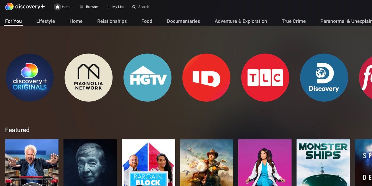 Discovery+ Hubs shown on main page of platform 