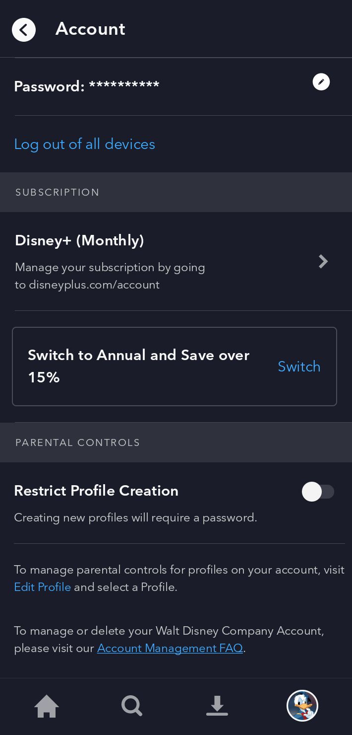 Disney+ mobile account subscription listing