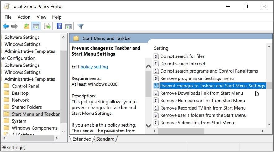 Double-clicking on the “Prevent changes to Taskbar and Start Menu Settings” option in the LGPE