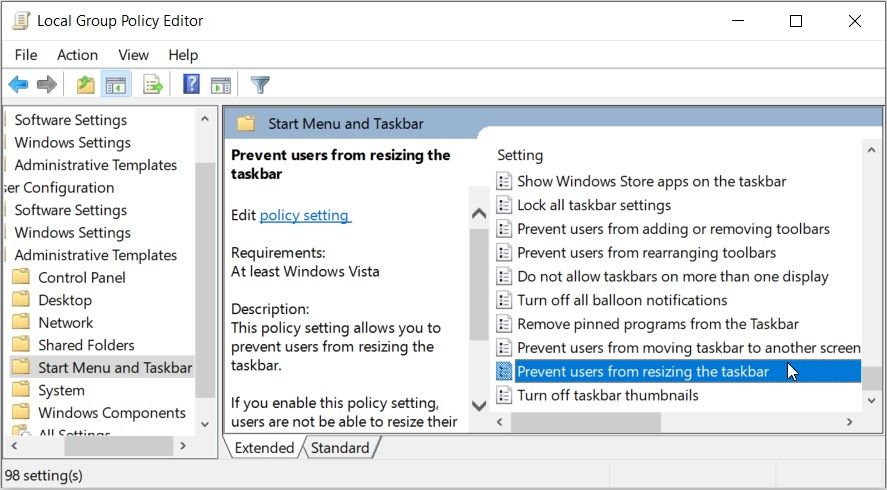 Double-clicking on the “Prevent users from resizing the taskbar” option in the LGPE