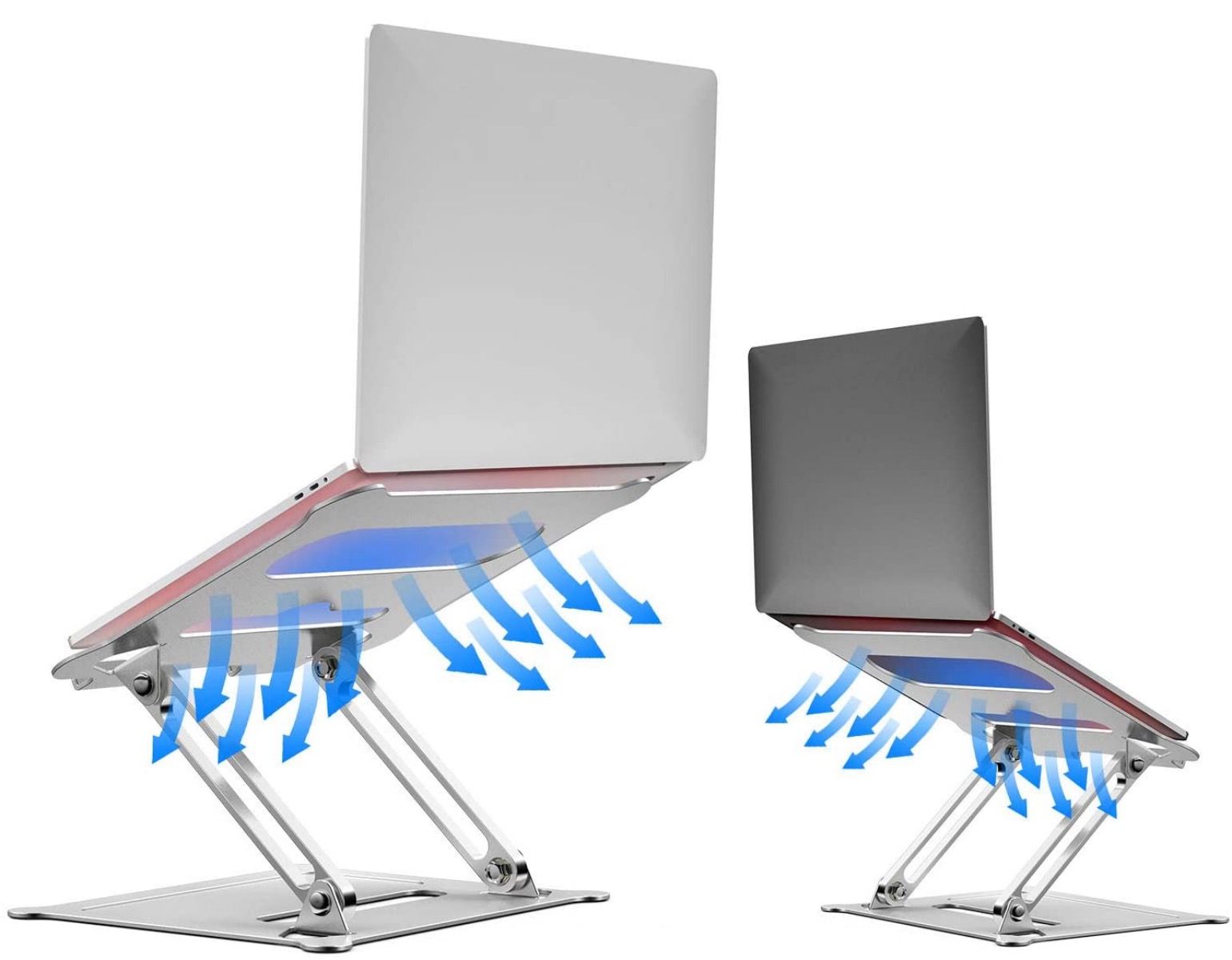 A Duchy adjustable laptop stand with arrows showing the airflow of the ventilation feature