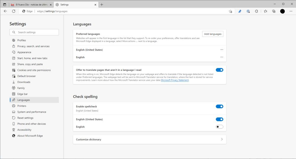 Edge browser language settings menu