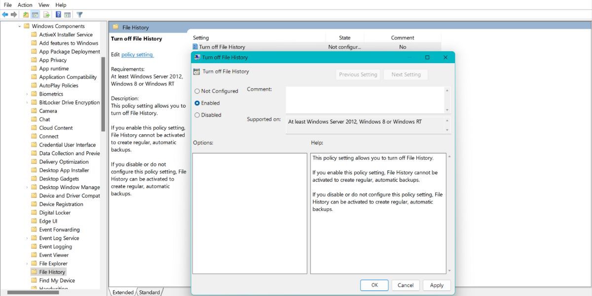 Enable File History Using Group Policy Editor