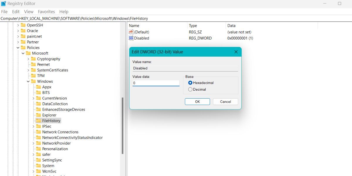 Enable File History Using Registry editor