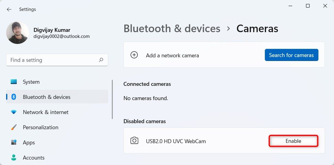Enable the Webcam from the Settings app