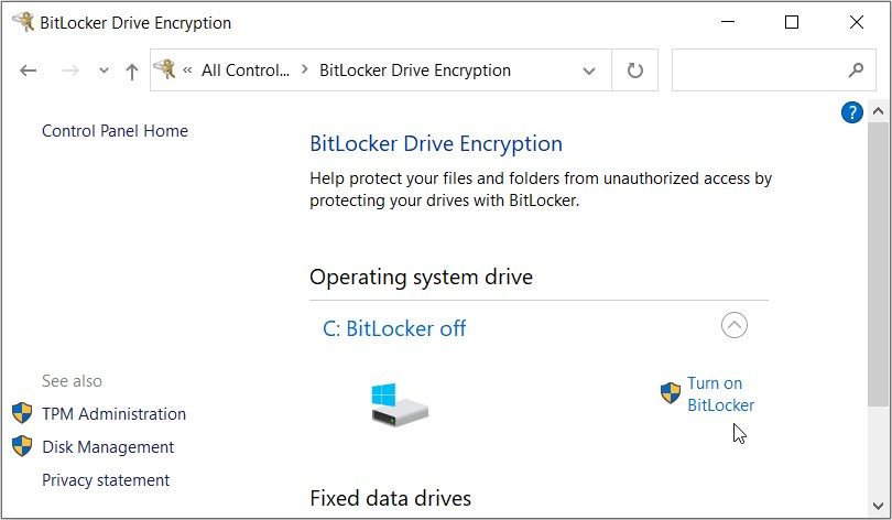 Enabling the BitLocker Drive Encryption Tool
