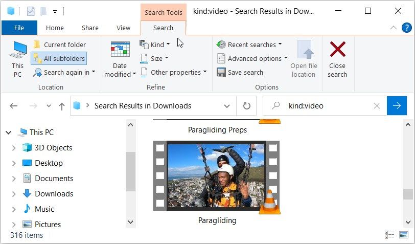 Exploring the options that appear on File Explorer's Search tab