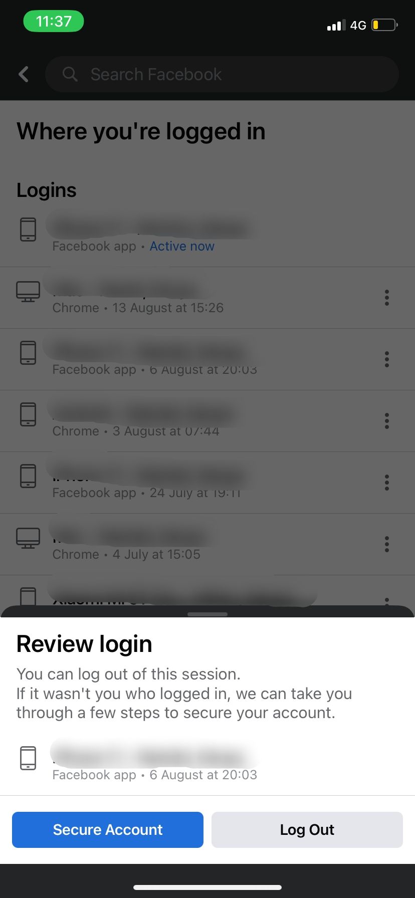 Remotely logout of Facebook on mobile