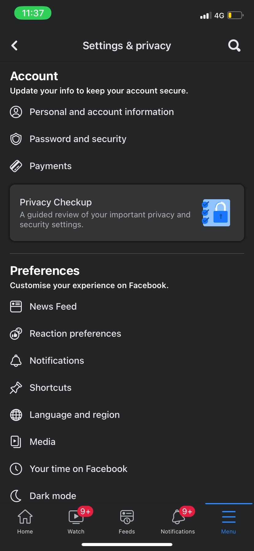 Facebook Settings and Privacy page on Mobile