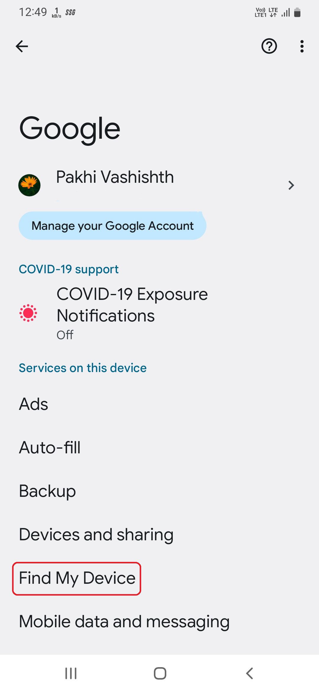 Find My Device options in Google's settings