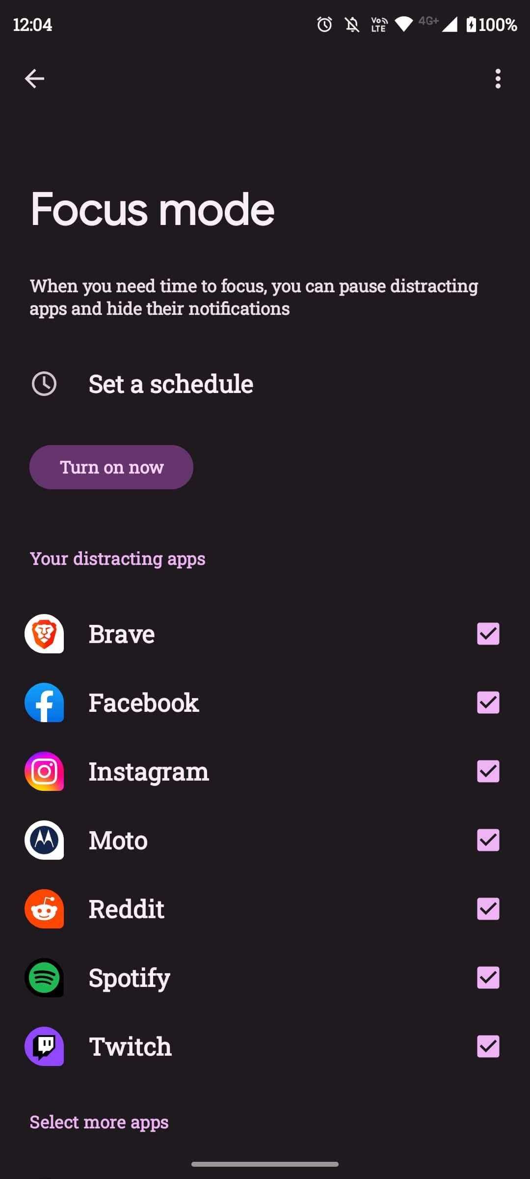 List of selectable apps in Focus mode