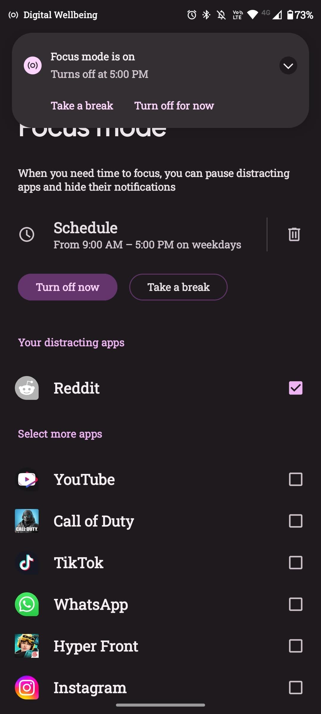 Notification with schedule set and app list