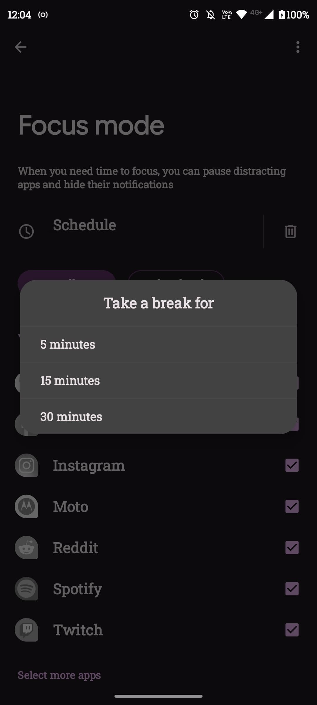 Options for taking a break from Focus mode