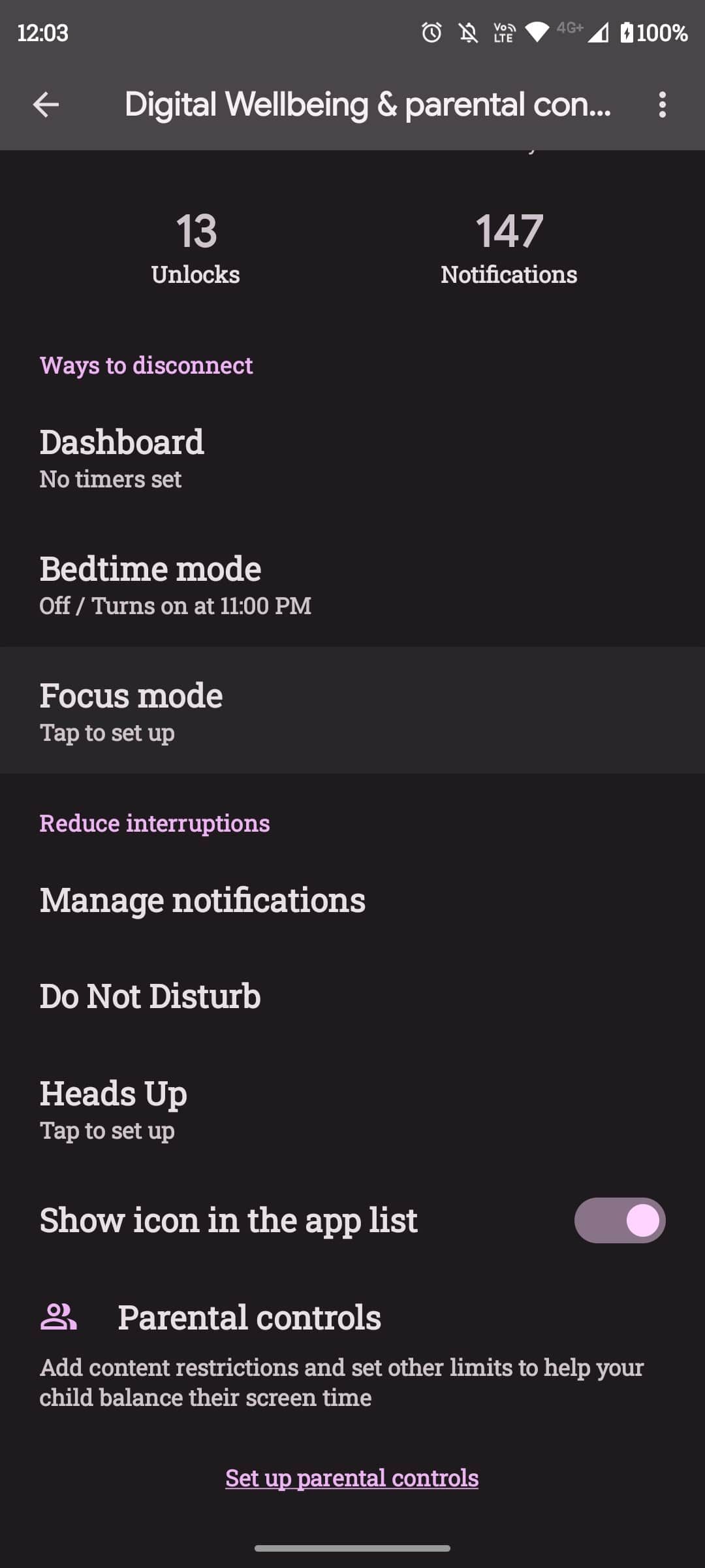 Digital Wellbeing app settings and options