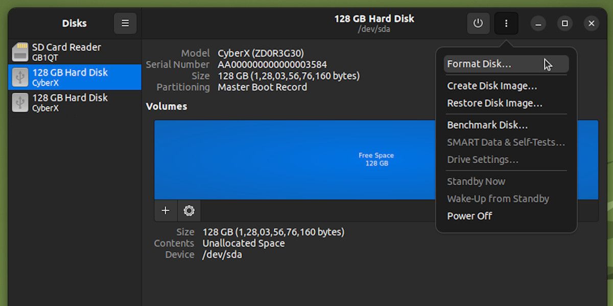 Formatting a disk using Gnome Disk Utility