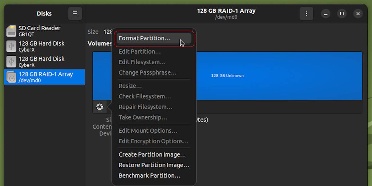 Formatting a RAID Array using Gnome Disk Utility