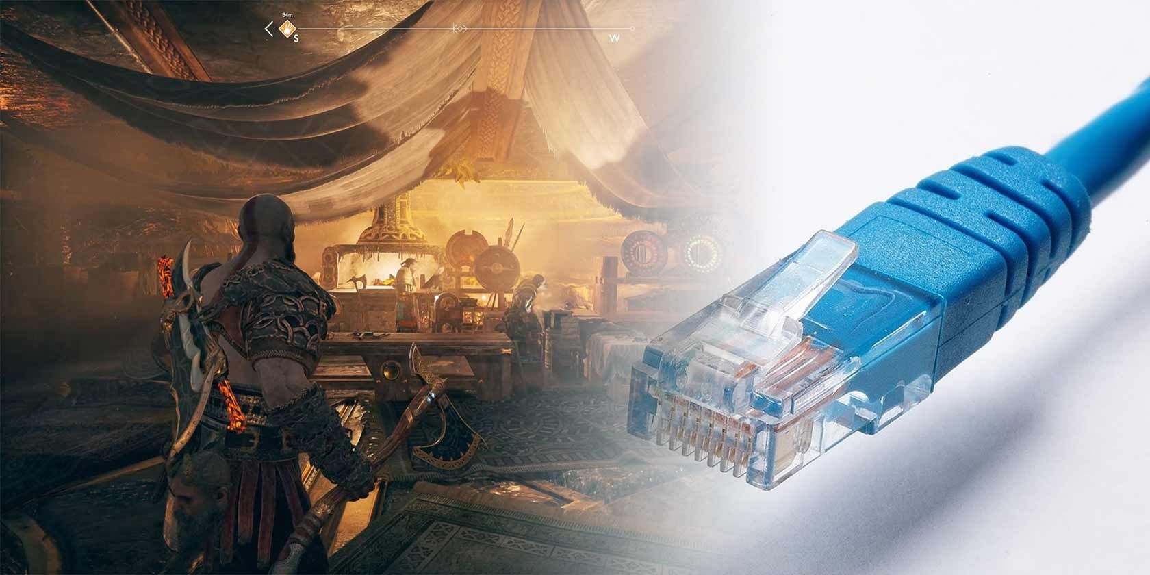 A side by side screenshot of God of War and an ethernet cable