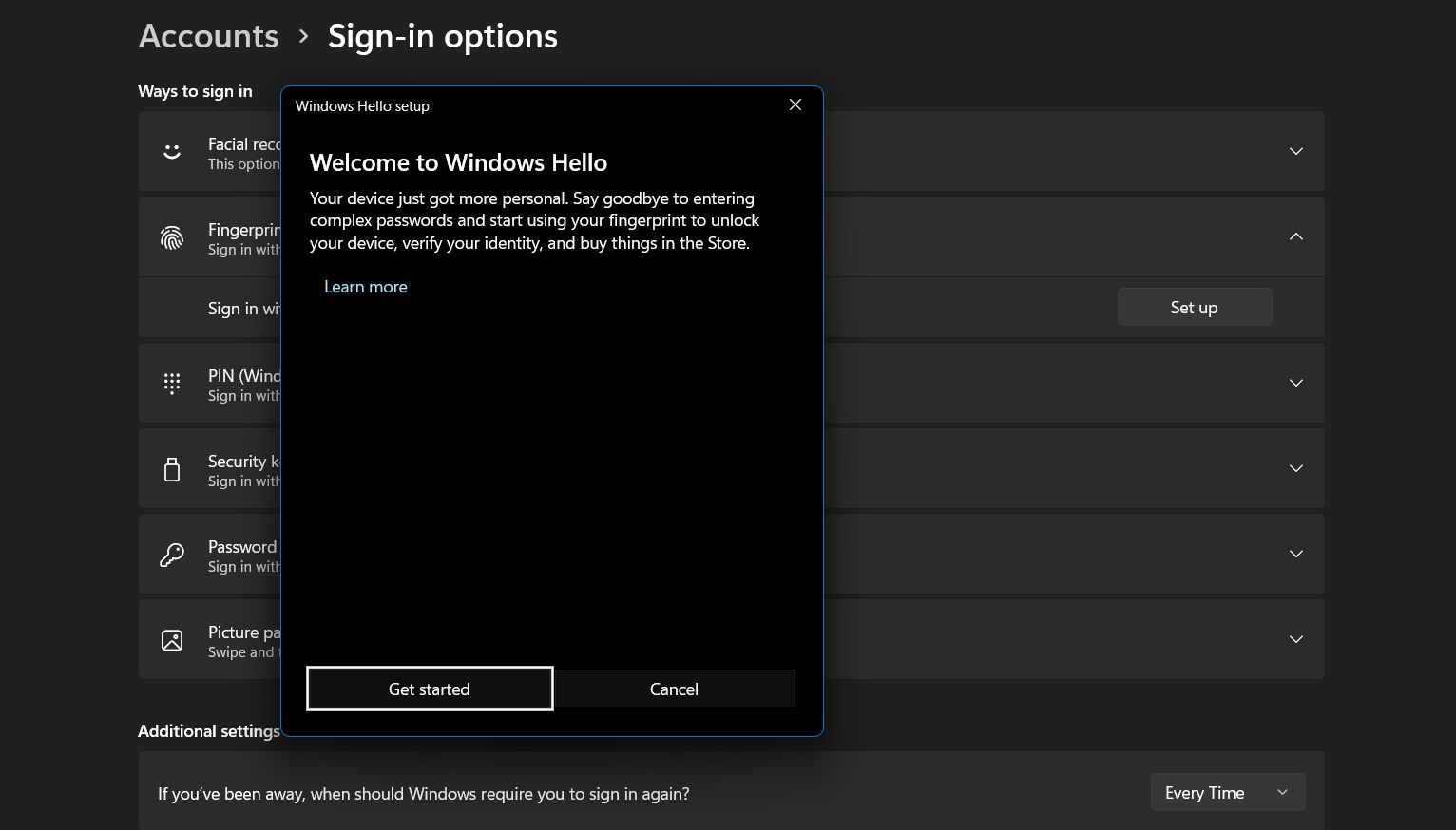 Get Started option to set up Windows Hello