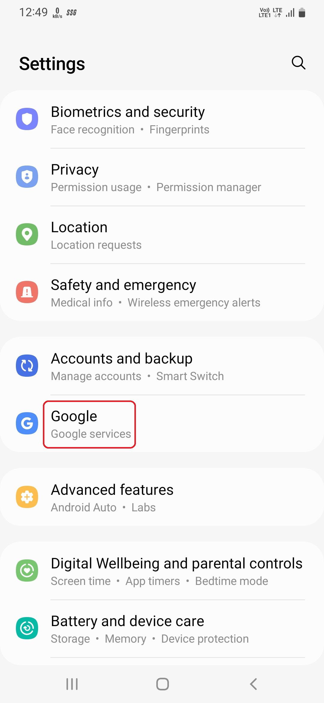 Google option in the settings
