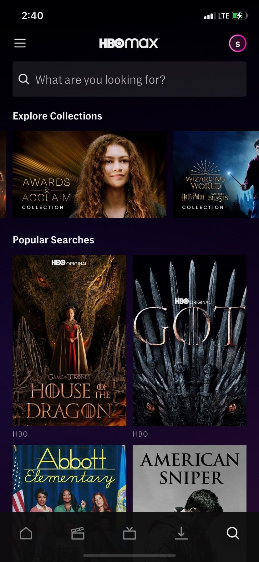 Screenshot of HBO Max search UI