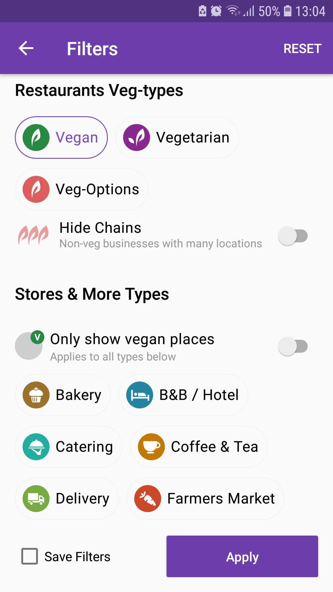 HappyCow mobile food app filters