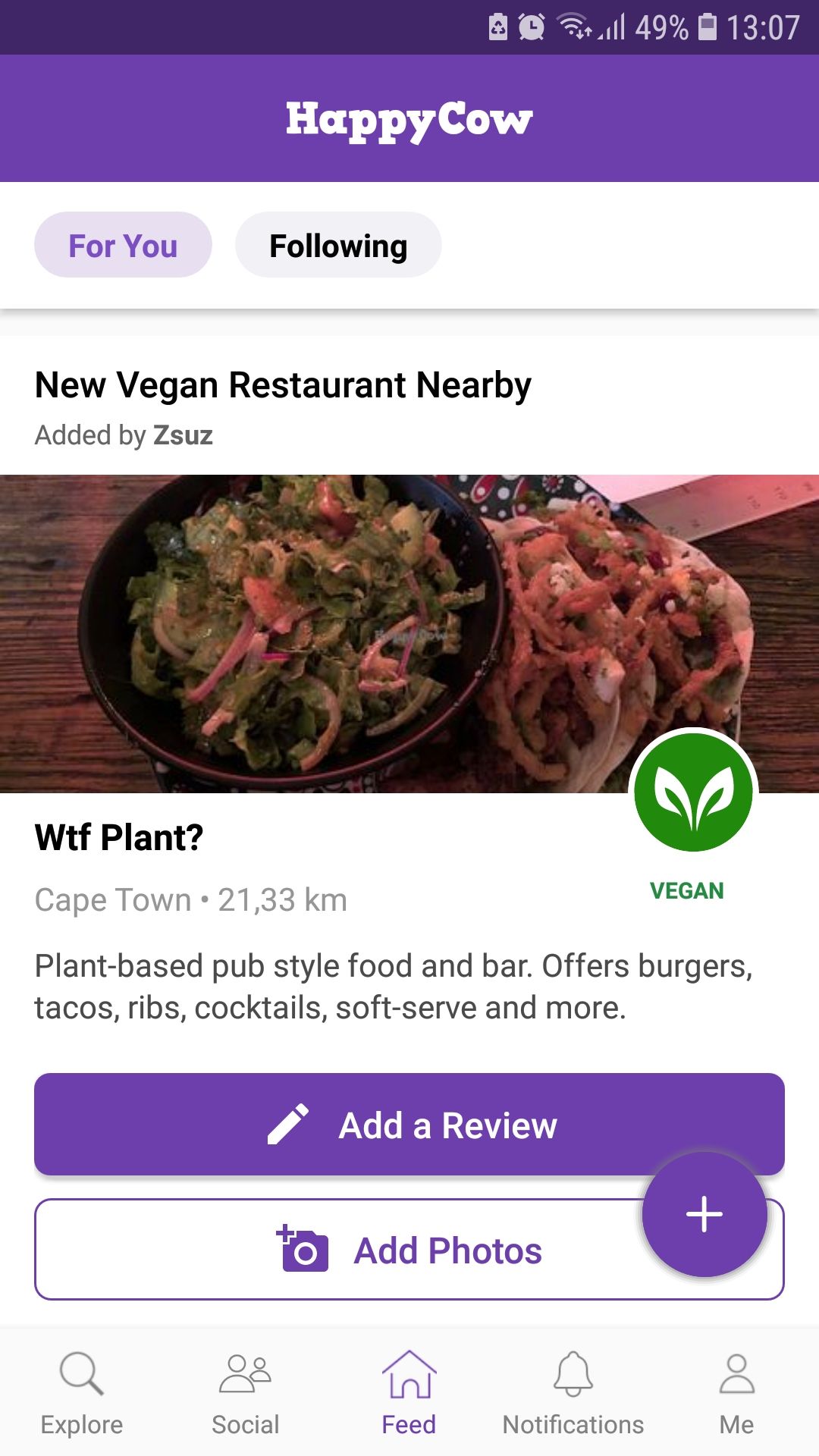 HappyCow mobile food app following