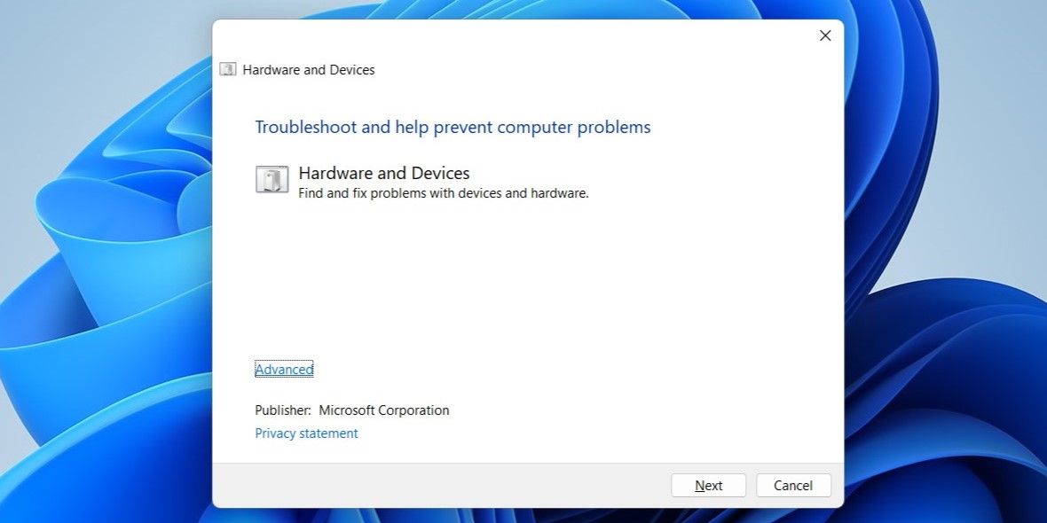 Hardware and Devices Troubleshooter Window
