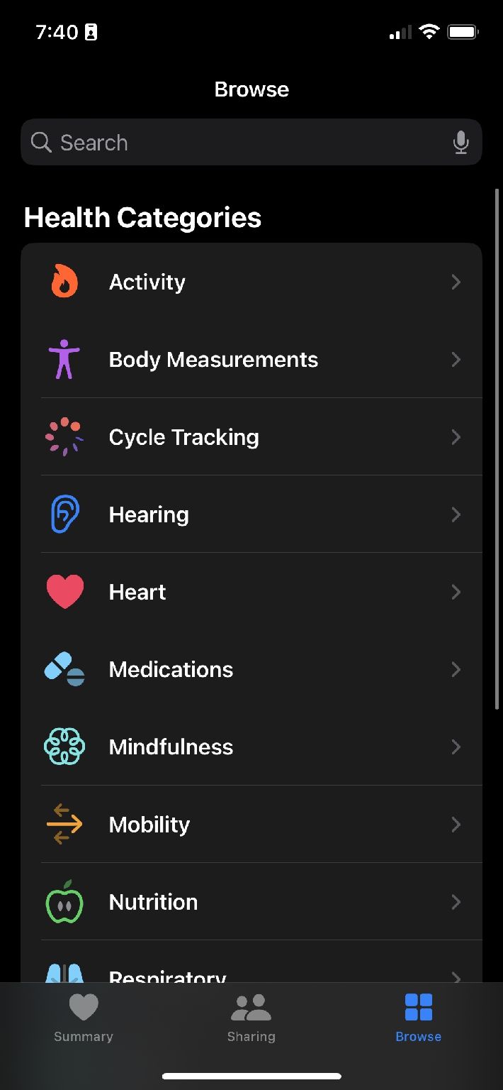 Health app iPhone browse section