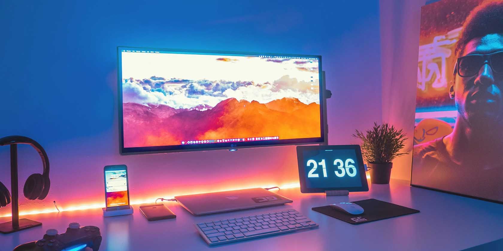 Desk setup with a MacBook attached to an external monitor