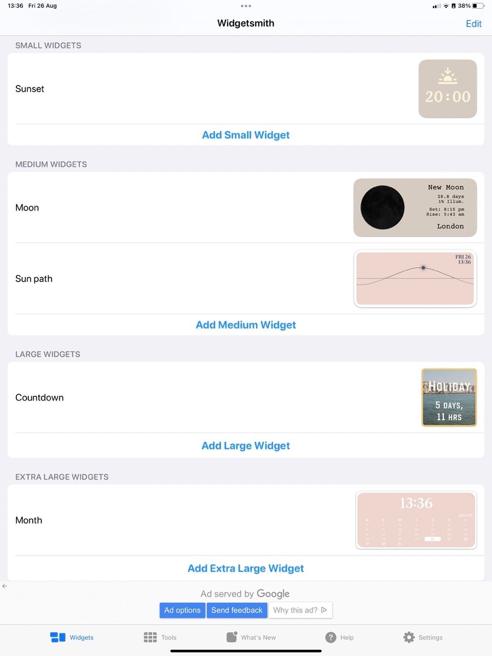 My Widgets in Widgetsmith App for iPad