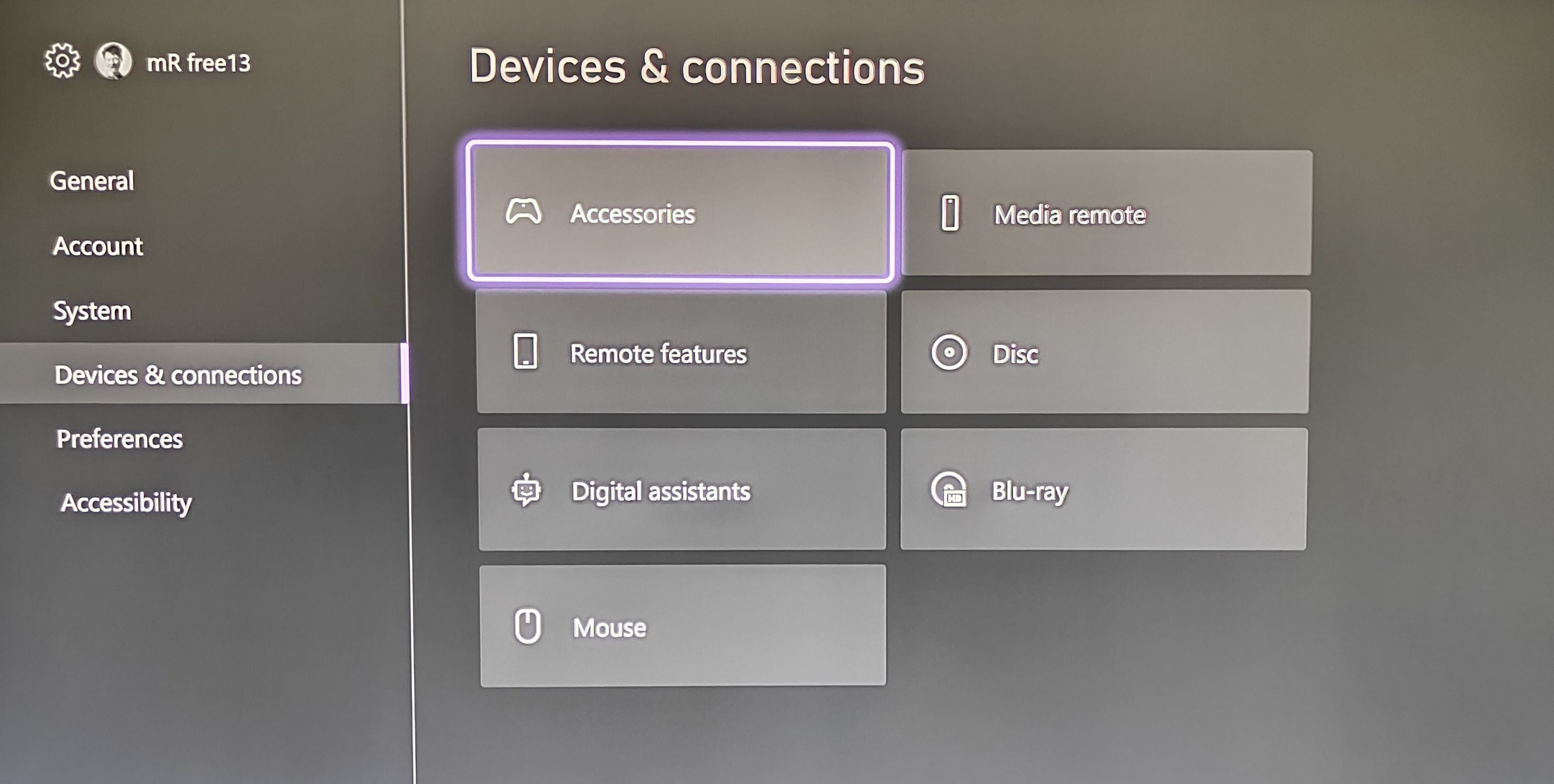 A picture of the Xbox Series X settings menu with Devices and Connections highlighted